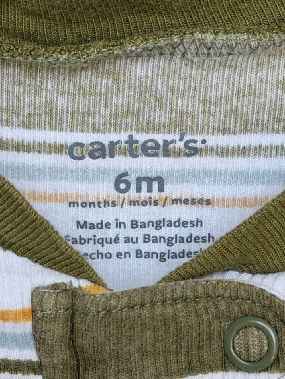 6 MTH Carter's Olive Green, White & Yellow Striped Footed One-Piece